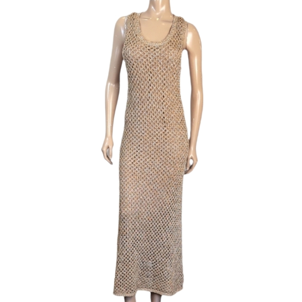 House of Harlow 1960 Metallic Knit Maxi Dress Womens Medium Gold Brown Crochet